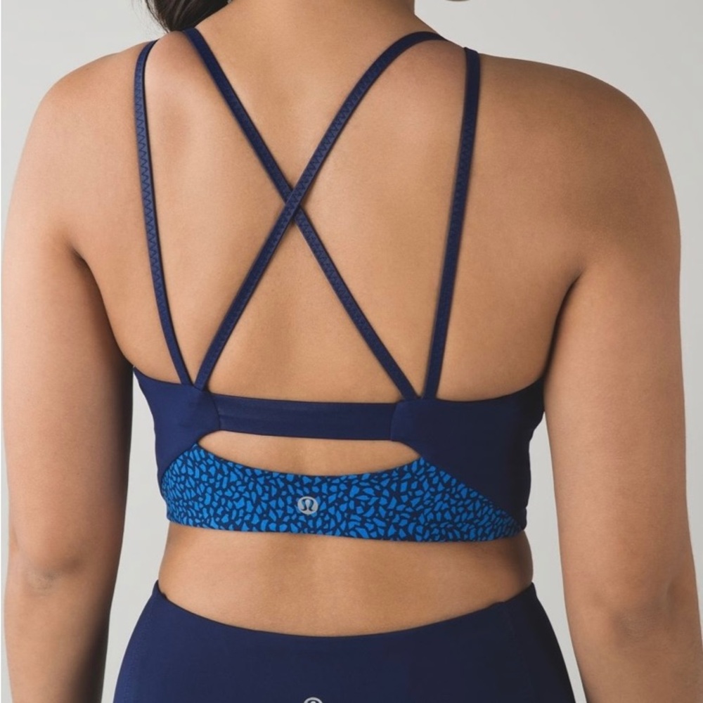 LULULEMON Clip-In Long Line Bra W’s 6 Hero Blue High Neckline Mesh Front Straps - Picture 2 of 6